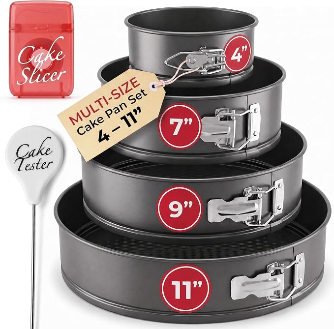 Cheesecake Pan and Springform Cake Pan Set - 4, 7, 9 and 11 in, NONSTICK | with CAKE SLICER and TESTER; INSTANT POT – Compatible; Easy-open Latches for Cheesecakes, Layer Cakes, Quiches; for Gifting