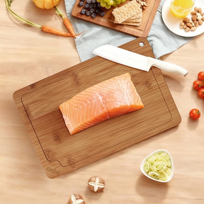 4-Piece Bamboo Cutting Board Set Serving Tray Juice GroovesHandles | Ideal for Meat Vegetables Fruit,Easy Storage & Quick Clean,Natural Wood Construction,Dual-Purpose as Serving Tray