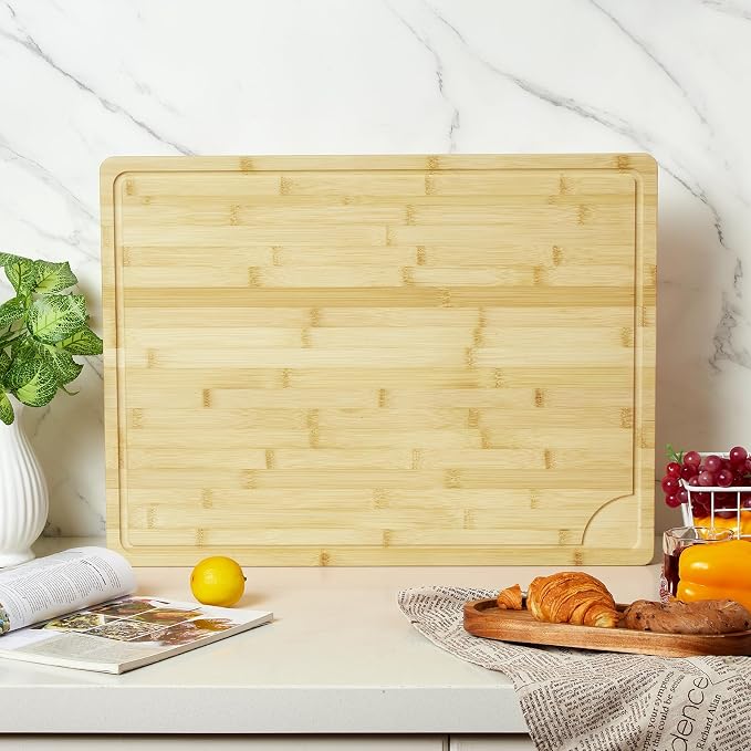 24"X18" Bamboo Cutting Boards for Kitchen, Extra Large Wood Cutting Board with Deep Juice Groove & Handle