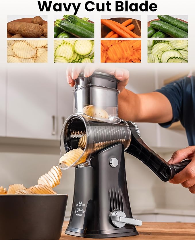 Zulay Kitchen Rotary Cheese Grater 5 Blade Cheese Shredder - Manual Hand Crank Cheese Grater With Reinforced Suction & 5 Interchangeable Drums - Easy to Use, Vegetable Chopper Round Mandoline Slicer