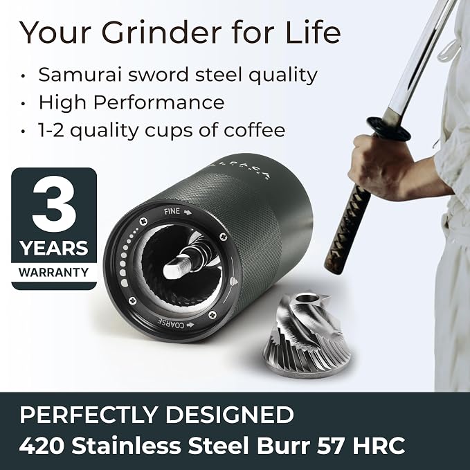Premium Manual Coffee Grinder for Espresso, Pour Over & French Press with Stainless Steel Conical Burr, Precision Adjustable Hand Grinder, Compact Travel Size - by Alpaca Ventures