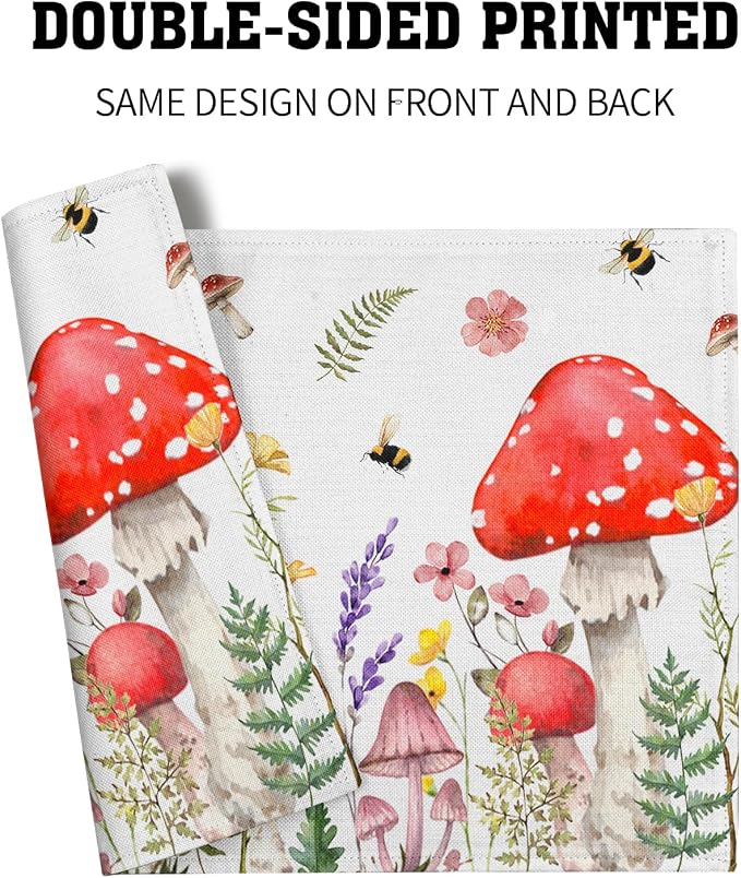 Mushroom Plants Placemats Set of 4，Rustic Wildflowers Heat Resistant Washable Place Mats 12x18 Inch Farmhouse Decor Table Mats for Party Kitchen Dining Indoor Outdoor