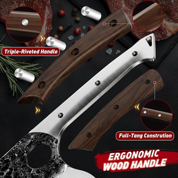 Butcher Knife Set, Serbian Chef Knife Set with Roll Bag Gift for Men | Hand Forged Full Tang 18PCS Kitchen Knife Set, Ebony Handle, High Carbon Steel Meat Cleaver for Brisket Trimming, Camping BBQ