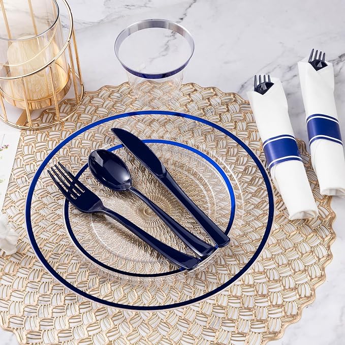 700 Pcs Clear Blue Plastic Plates Disposable for Party 100 Guests | Party Supplies Includes 200 Plates, 100 Pre Rolled Napkins with Cutlery Set, 100 Cups, for Graduation, Birthday, Christmas