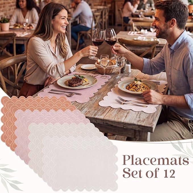 Linen Placemats Set of 12 Scalloped Placemat 13 X19 Wavy Embroidery Double Layered Washable Farmhouse Dinner Fabric Table Mat Napkin for Wedding Party Restaurant(Regular,Boho Colors)