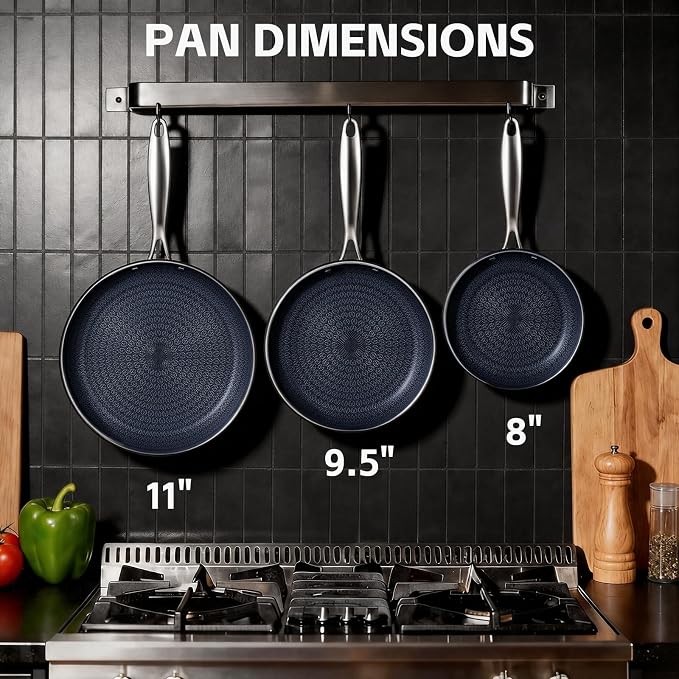 Ammeloo Hybrid Tri-Ply Stainless Steel Frying Pans Set, 8"/9.5"/11" Cooking Pans, Non Stick Frying Pans and Skillets, Chef Pan, Non Toxic, Dishwasher Safe, Induction Compatible, Blue Interior