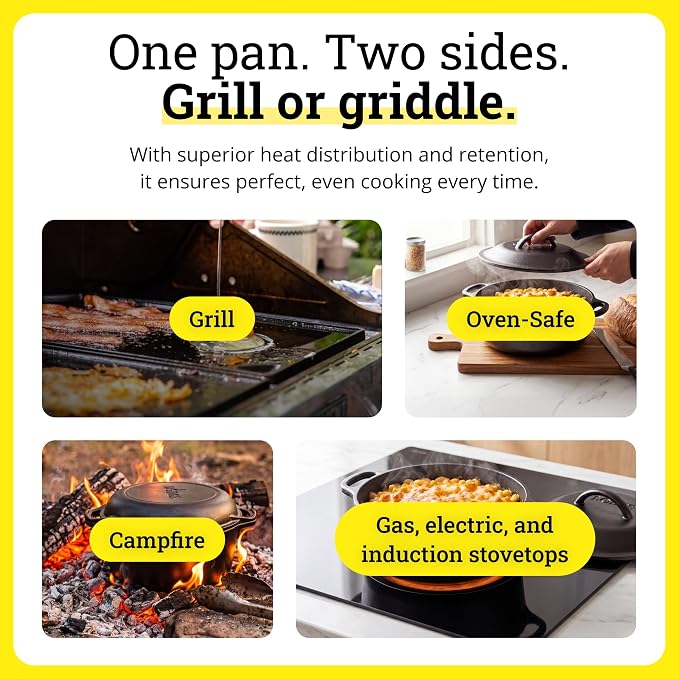 Lodge Pro-Grid Reversible Grill/Griddle - 20 Inches x 10.5 Inches - Dual-Sided Cast Iron Griddle - Double Burner Grill - Even Heat Distribution - PFAS-Free Non-Toxic Cookware