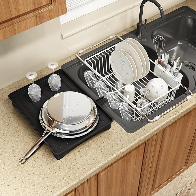 White Dish Drying Rack Over Sink with Utensil Holder, Drainboard | Expandable Stainless Steel Dish Drainer for Small Kitchen, Apartment, RV, Counter Space Saving, Perfect Fit, Rustproof