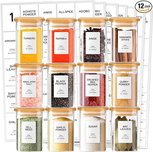 12 Pcs Glass Spice Jars with Bamboo Airtight Lids & 201 Labels - 8oz Square Small Empty Food Storage Containers for Kitchen, Seasonings, Herbs, Salt