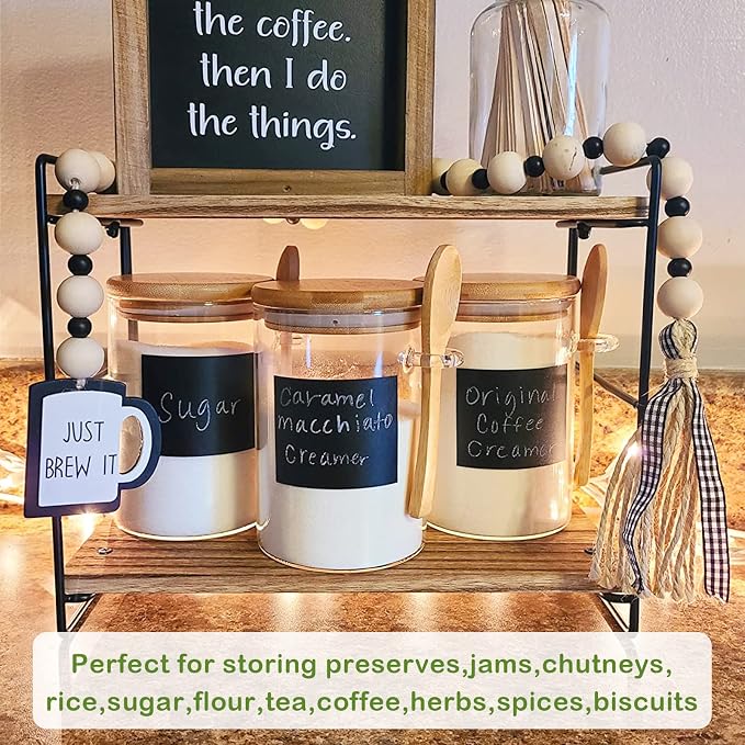 Set of 4 Clear Glass Jars with Airtight Bamboo Lids & Spoons 20 oz, Food Storage Containers for sugar and flour, Dry Goods, Bath Salts