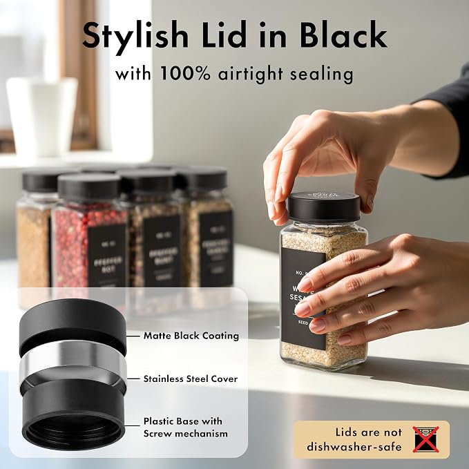 Glass Spice Jars with Label, Seasoning Set, 36x Black Steel Lids | Airtight Lids keep spices fresh, Kitchen Spice Drawer Organizer, 4oz Seasoning Containers incl. Funnel, Brush & 240 Labels