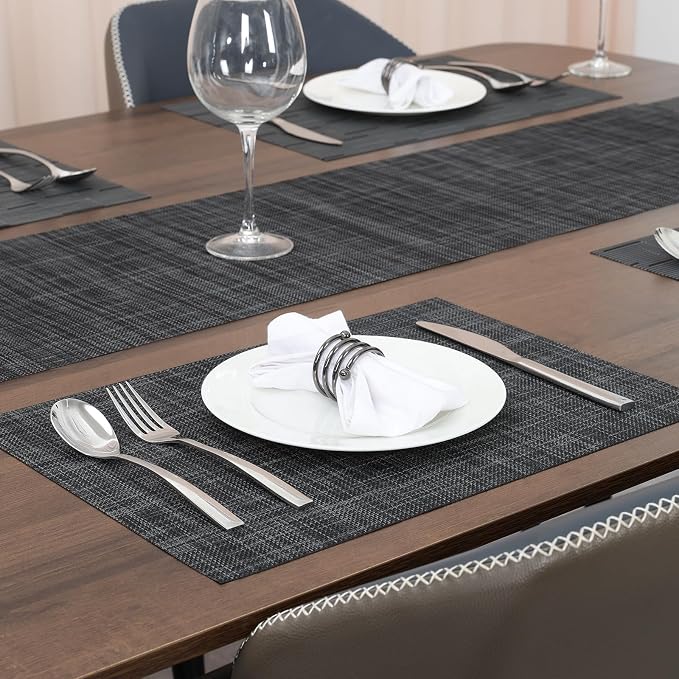 Myir JUN Placemats Set of 10 Kitchen and Dining Table Placemats | Vinyl Placemats Place Mats Indoor/Outdoor Set of 10 Washable Table Mats Non-Slip Place mats for Dining Table, Dark Gray-black