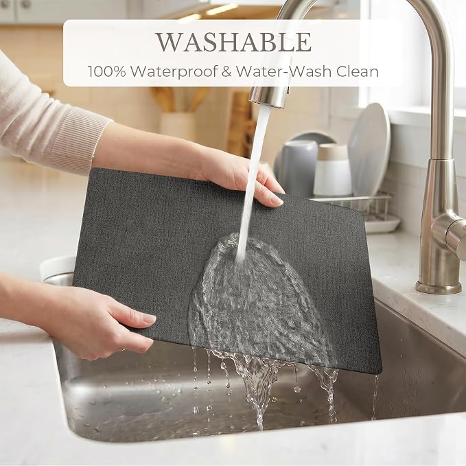 Romanstile Vinyl Placemats Set of 8-12 X 17 Inch - Faux Leather 100% Waterproof Wipeable Anti Slip Place Mats, Heat Resistant Reversible PU Table Mats for Kitchen Dining Party Outdoor, Charcoal