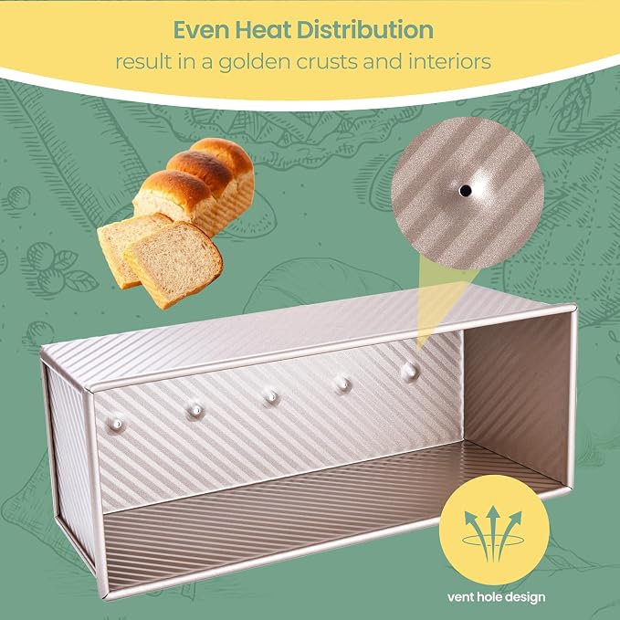 Commercial Pullman Loaf Pan with Lid, 2.2Lb Dough Capacity Non-Stick Rectangle Corrugated Bread Toast Mold with Cover for Baking Bread (Champagne Gold)