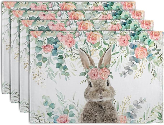 Easter Bunny Placemats Set of 4 Eucalyptus Leaves Rabbit Rose Place Mats 12x18 Inch Spring Seasonal Vintage Farmhouse Heat Resistant Washable Table Mats for Party Kitchen Dining