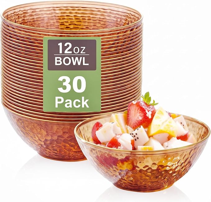 Rubtlamp 30 Pack Amber Disposable Bowls, Amber Plastic Bowls with Gold Rim, 12-16oz Premium Heavy Duty Plastic soup Bowls for Party, Wedding and Holiday