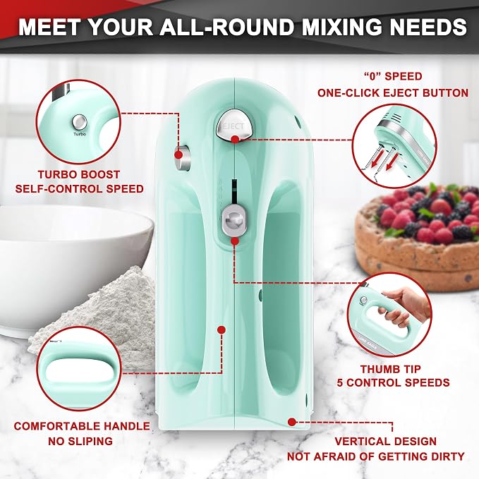 Lord Eagle Hand Mixer Electric Handheld 400W,5-Speed Lightweight, Green | Kitchen Mixer with Storage Case, 5 Stainless Steel Attachments for Baking Cake Egg Cream Food Beater, Turbo+Eject Button