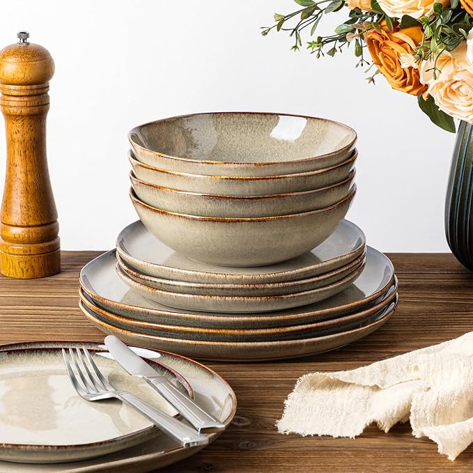 GBHOME Stoneware Dinnerware Sets for 4,12 Piece Rustic Plates and Bowls Set | Earthenware Handmade Reactive Glaze Plate Sets, Chip Resistant Ceramic Dishes, Microwave & Dishwasher Safe, Driftwood Taupe