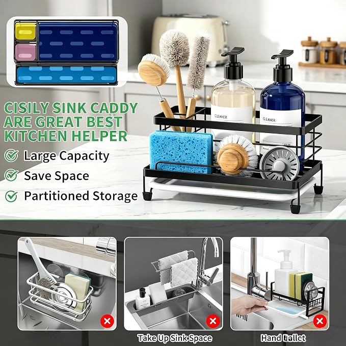 Cisily Sponge Holder for Kitchen, Sink Caddy Organizer, Kitchen Sink Accessories with Drip Tray, Rustproof and Non-slip Kitchen Sink Sponge Holder (Black)