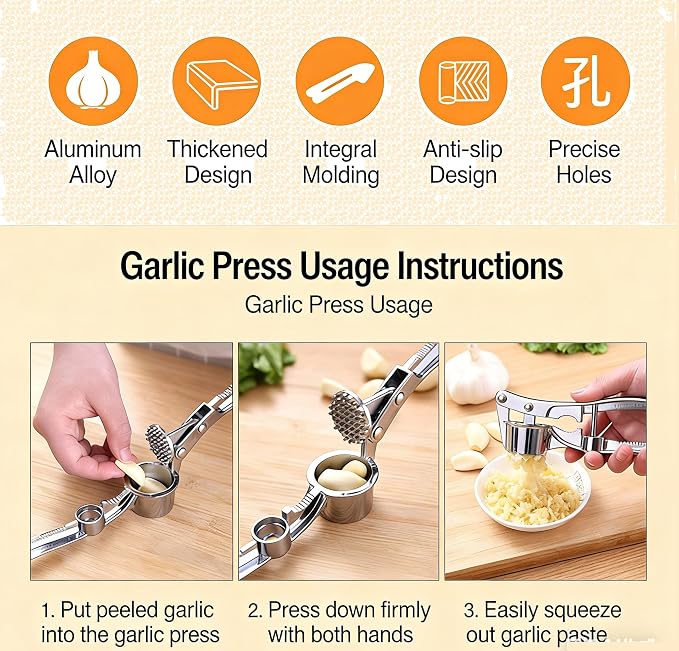 Multifunctional Garlic Press, 3-in-1 Kitchen Tool, Aluminium Alloy, Garlic Crusher with Walnut Cracker and Bottle Opener