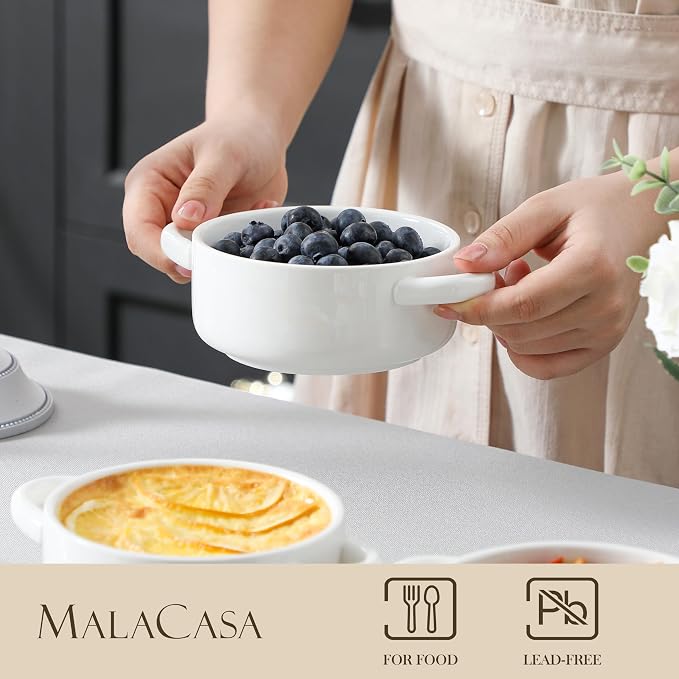 MALACASA Mini Cocotte Set of 4, 14 OZ Ceramic Casserole Dishes with Lids | Single Serving Small Dutch Oven Set, Lasagna, Soufflé, French Onion Soup, Pudding, Oven, Dishwasher Safe with Handles, White