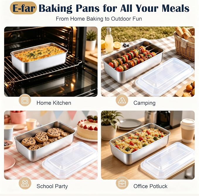 E-far Loaf Pan with Lids, 9 x 5 Inch Stainless Steel Bread Pans Set of 3 | for Homemade Bread, Rectangle Baking Tins for Sourdough, Meatloaf, Banana Cake, Nontoxic & Dishwasher Safe