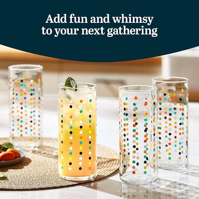 Libbey Vintage Dots Drinking Glasses Set of 4, Colorful, Retro Polka Dot Design Glass Cups Set, Dishwasher Safe Water Glasses Set for Beverages