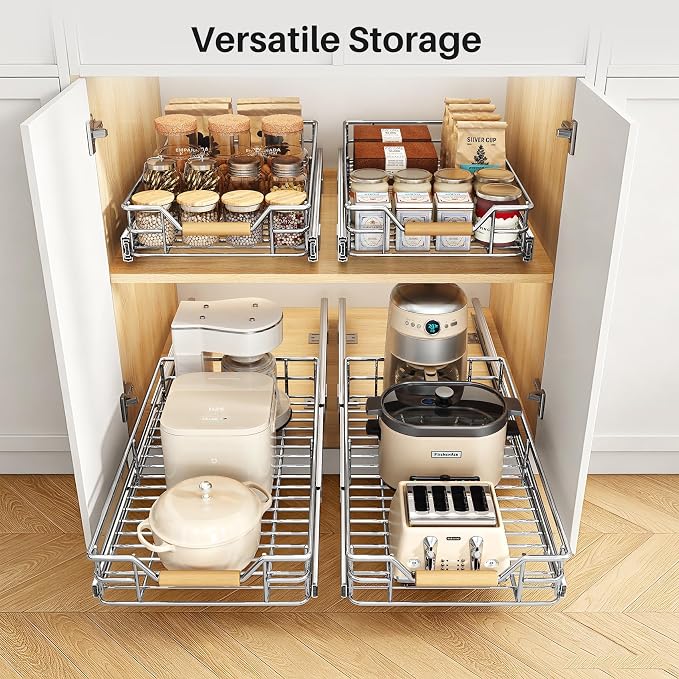 Pull out Cabinet Organizer, 11"W X 21"D, Heavy Duty Smooth Sliding Under Cabinet Shelves for Pots and Pans, Full-Extension Roll out Drawers, Slide out Organization for Home Kitchen Pantry