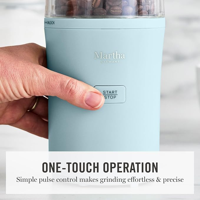 Martha Stewart Electric Coffee & Spice Grinder with Dual Bowls, Sky Blue | Dual 2.5oz Removable Bowls for Coffee Beans, Nuts, Herbs & Spices, Stainless Steel Blade, One-Touch Pulse Control, Easy Clean