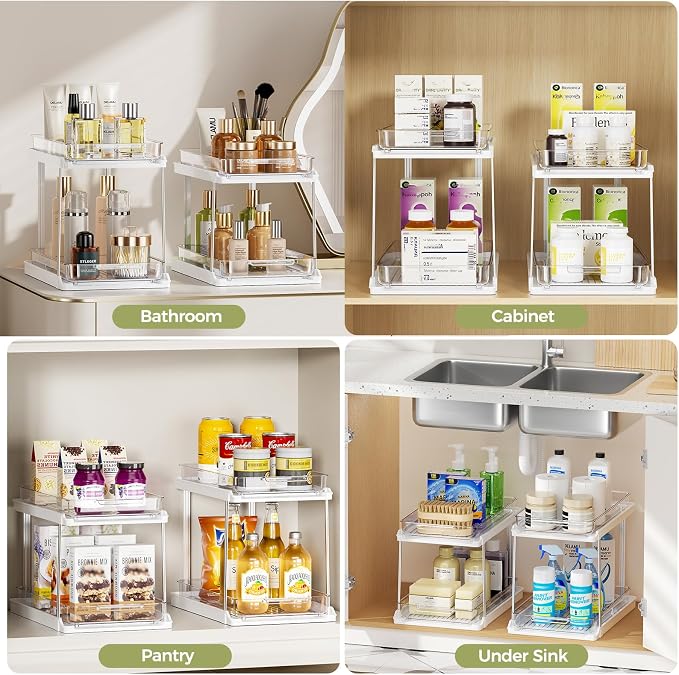 Delamu 2-Tier Bathroom Under Sink Organizers and Storage, Pull Out Cabinet Drawers with Anti-Slip Design, Multi-Purpose Storage for Kitchen, Pantry, Bathroom & Home Organization, White, 1 Pack