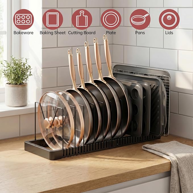 Expandable Pot and Pan Organizer with 12 Adjustable Dividers | Solid Metal Under‑Cabinet Pot Lid Organizer 14.1''‑24.8'', Lid Organizers Inside Cabinet, Fits Bakeware & Cookie Sheets