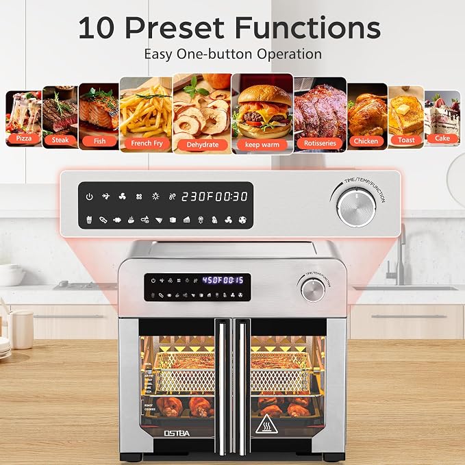 OSTBA French Door Air Fryer Toaster Oven Combo, 24QT 10-in-1 Oven | 1700W Heating, Adjustable Fan Speed, Rotisserie Function, 102-Recipe Book, Removable Crumb Tray, Stainless Steel Finish