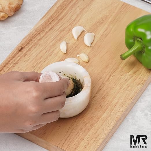 Marble Mortar and Pestle Set White Onyx 3" Inches Handmade Garlic Crusher & Grinder Bowl, Mini Mortar and Pestle for Kitchen - Herb Grinder Spice Grinder