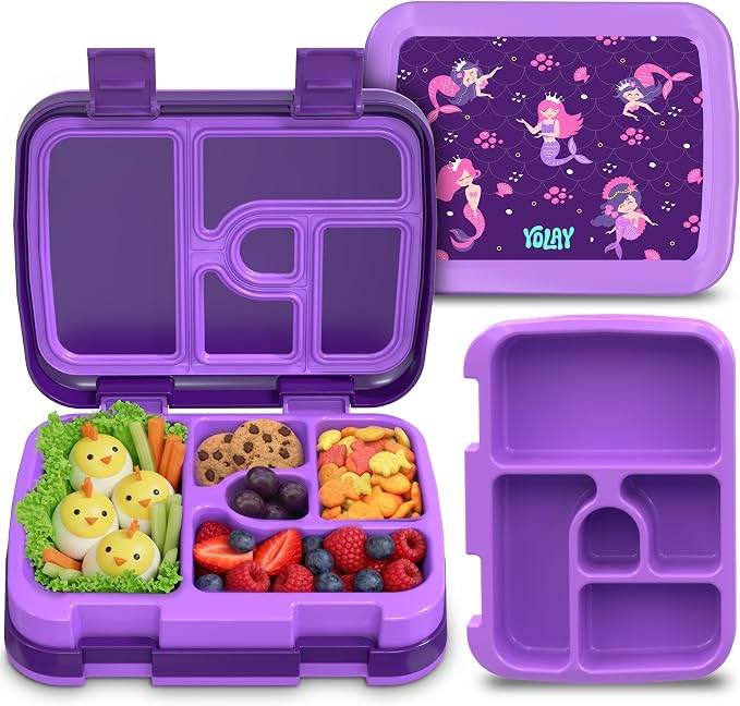 YOLAY Bento Box for Kids, 5-Compartment, Mermaid | Leak-proof, rubber-coated edges, Removable inner tray, Microwave safe, Dishwasher safe