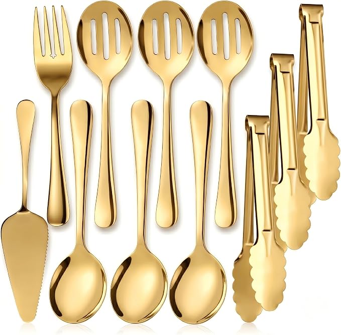 11PCS Stainless Steel Gold Serving Utensils, 8.7''Serving Spoons,8.7''Slotted Spoons, Serving Fork, 9'' Serving Tongs,Cake Server,Hostess Serving Set for Chafing Dish Buffet Catering Parties