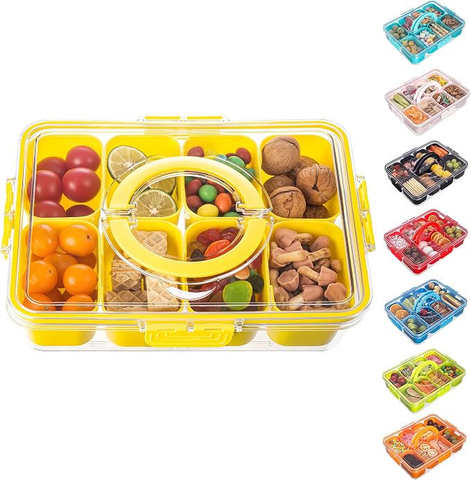 Dingerjar Divided Serving Tray with Lid and Handle - Snackle Box Charcuterie Container for Portable Snack Platters Organizer for Candy, Fruits, Nuts, Snacks - Perfect for Party, Entertaining, Yellow