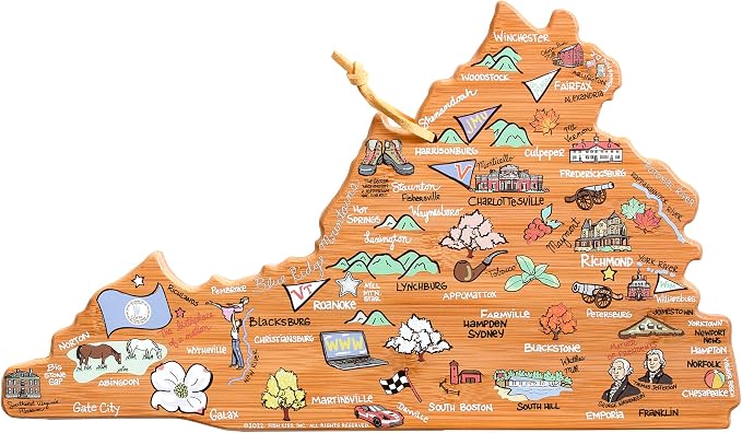 Totally Bamboo Virginia State Shaped Cutting Board, Art by Fish Kiss | State charcuterie board with colorful hand-drawn map artwork. Smooth reverse side for food prep. Hang tie for wall display.
