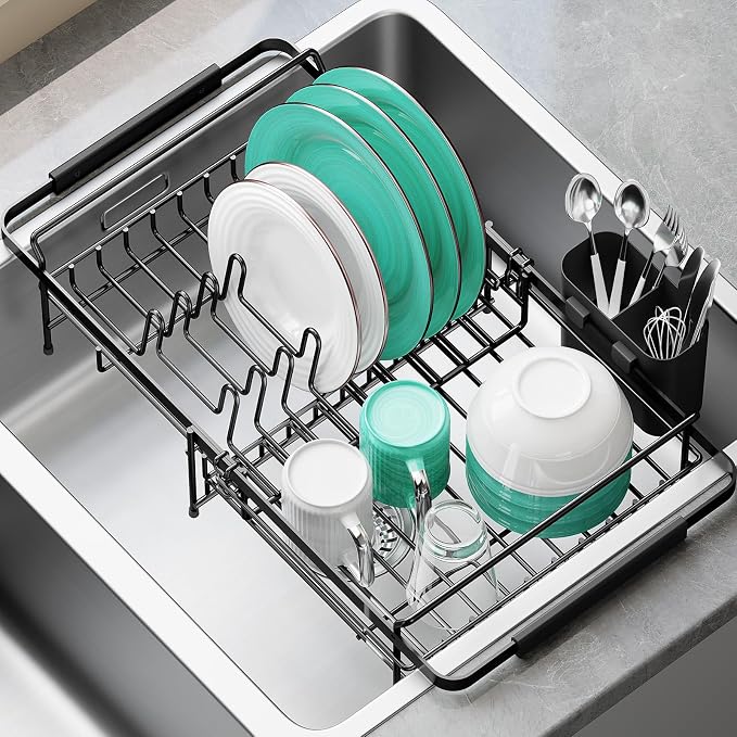 Urackify Expandable in-Sink or Over-Sink Dish Drying Rack, 14.5"-18", Black | Stainless Steel, Fits Most Sinks, Rust-Resistant, Space-Saving, Removable Utensil Holder