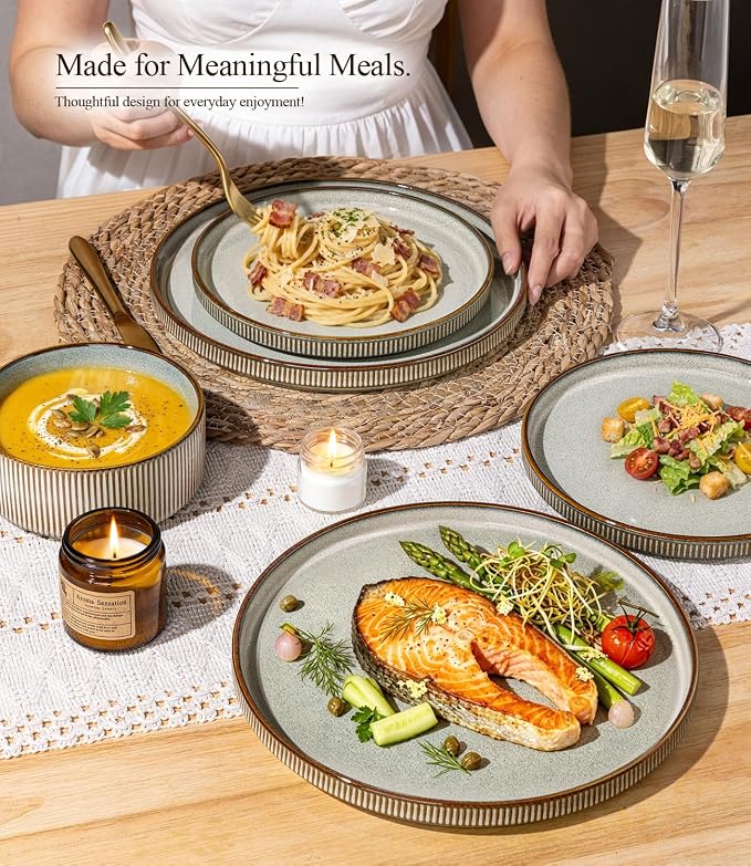 GBHOME Stoneware Dinnerware Sets for 4, 12-Piece Plates and Bowls Set | Handmade Reactive Glaze Ceramic Dish Set, Scratch Resistant, Dishwasher&Microwave Safe,Green Wheat