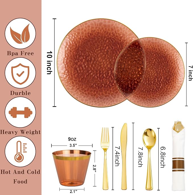 Rubtlamp 700Pcs Amber Gold Plastic Dinnerware Set, Hammered Clear Gold Plates, Fancy Plastic Plates Include 100 Dinner Platos, 100 Salad Platos, 100 Cups,100 Pack Pre Rolled gold plastic Silverware