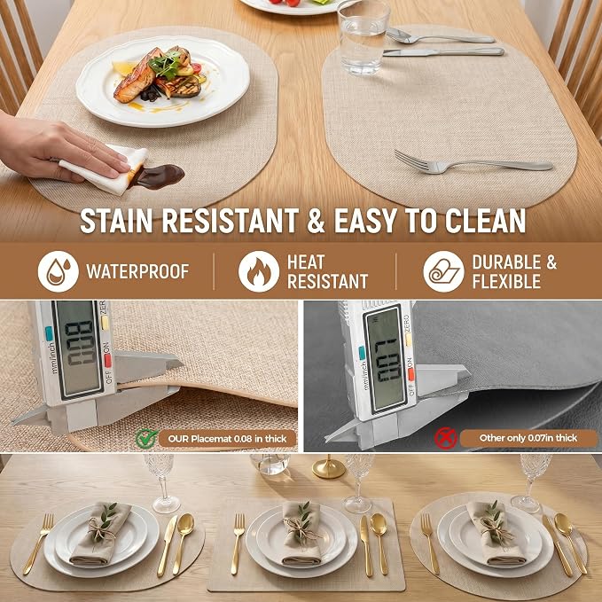 Faux Leather Placemats Set of 6, Wipeable Waterproof Stain Resistant Table Mats, Heat Resistant Thick Placemats with Hand-Painted Edges for Kitchen Dining, Imitative Linen Texture, Various Shapes
