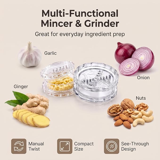 2PCS Clear Manual Garlic Twister, Garlic Crusher, Ginger & Nuts Mincer Tool | Multi-Functional Mincer & Grinder for Garlic, Onion, Ginger, Herbs, Nuts
