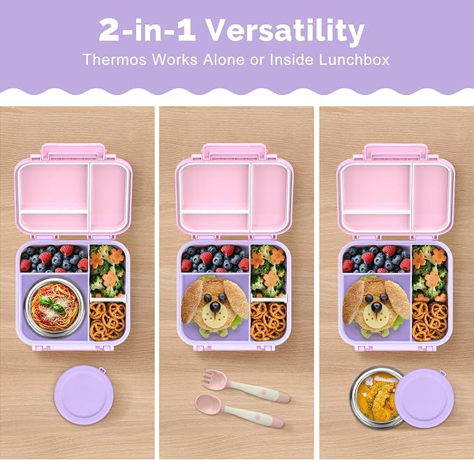 Kids Bento Lunch Box with Soup Thermo (9oz)– Hot & Cold Lunch Container with Leak Proof Insulated Food Jar for School Girls Boys, Ideal Size for Ages 3 to 7, Pink/Purple