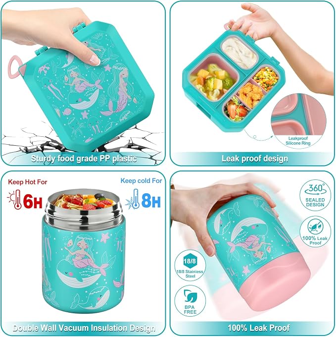wiwens Bento Lunch Box for Kids with 12oz Soup Thermo Leak-Proof Lunch Food Container with 5 Compartment Thermo Hot Food Jar and Insulated Lunch Bag for Kid Toddler Girls Boys to School