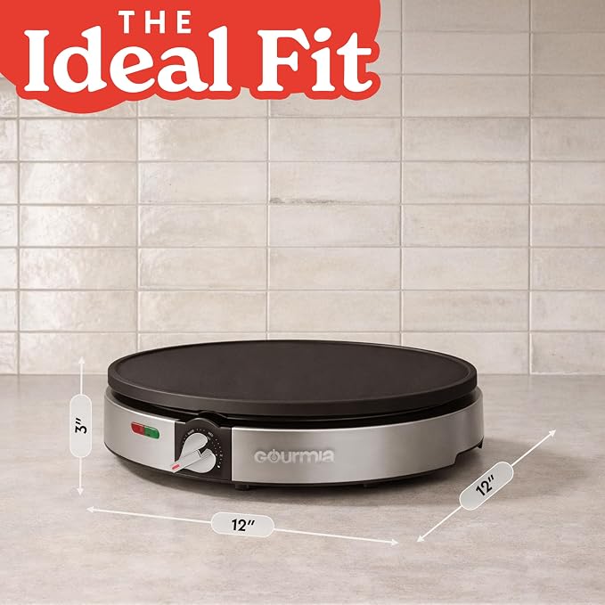 Gourmia 12” Crepe Maker – Nonstick Electric Griddle for Pancakes, Omelets & More, Precise Temp Control with Indicator Lights, Includes Spatula & Batter Spreader, Quick Cleanup, Stainless Steel Trim
