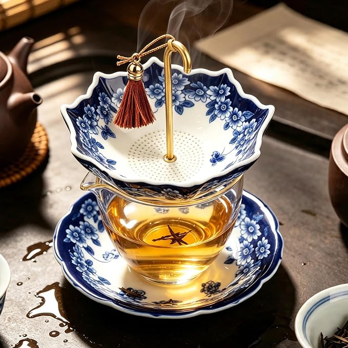 Blue and White Porcelain Umbrella Tea Infuser, Rotating Ceramic Loose Leaf Tea Strainer Filter with Base, Fine Mesh Tea Filter for Home Tea & Coffee Brewing, Unique Decorative Tea Gift (Blue)