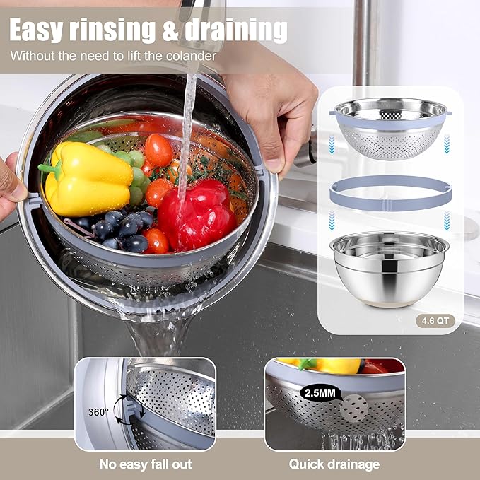 E-far Stainless Steel Mixing Bowls with Lids & Colander, 15PCS | Nesting Mixing Bowl with Non-Slip Bottom & 3 Metal Grater, For Kitchen Prep Baking Storage, 4.6, 3, 1.5, 1, 0.7QT, Khaki