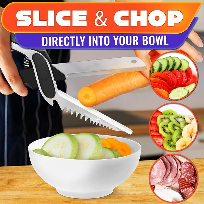 6 in 1 Cutting Board Scissors for Food, Spring-Assist, Non-Slip | Dishwasher Safe Kitchen Scissors with Cutting Board; Built-In Meat Tenderizer and Safety Lock for Meat, Fish and Vegetables