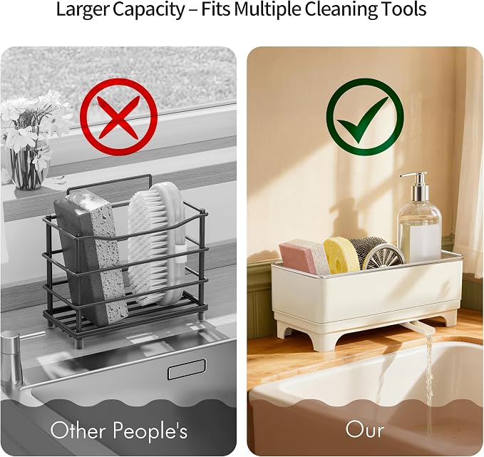 MOUKABAL Rotating Drain Sponge Holder for Kitchen Sink Off-white | Rustproof Stainless Steel/Large Capacity/Keeps Counter Dry/Removable Tray/Soap Bottle Holder