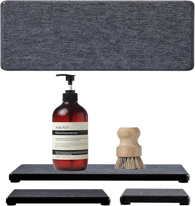 3PCS Water Absorbing Soap Dish Sponge Holder, Diatomite Stone Drying Tray Mat Sink Caddy for Kitchen Counter & Bathroom, Small Stone Bath Mat Faucet Accessories Organizer Protector,Dark Gray,9"x 3.5"